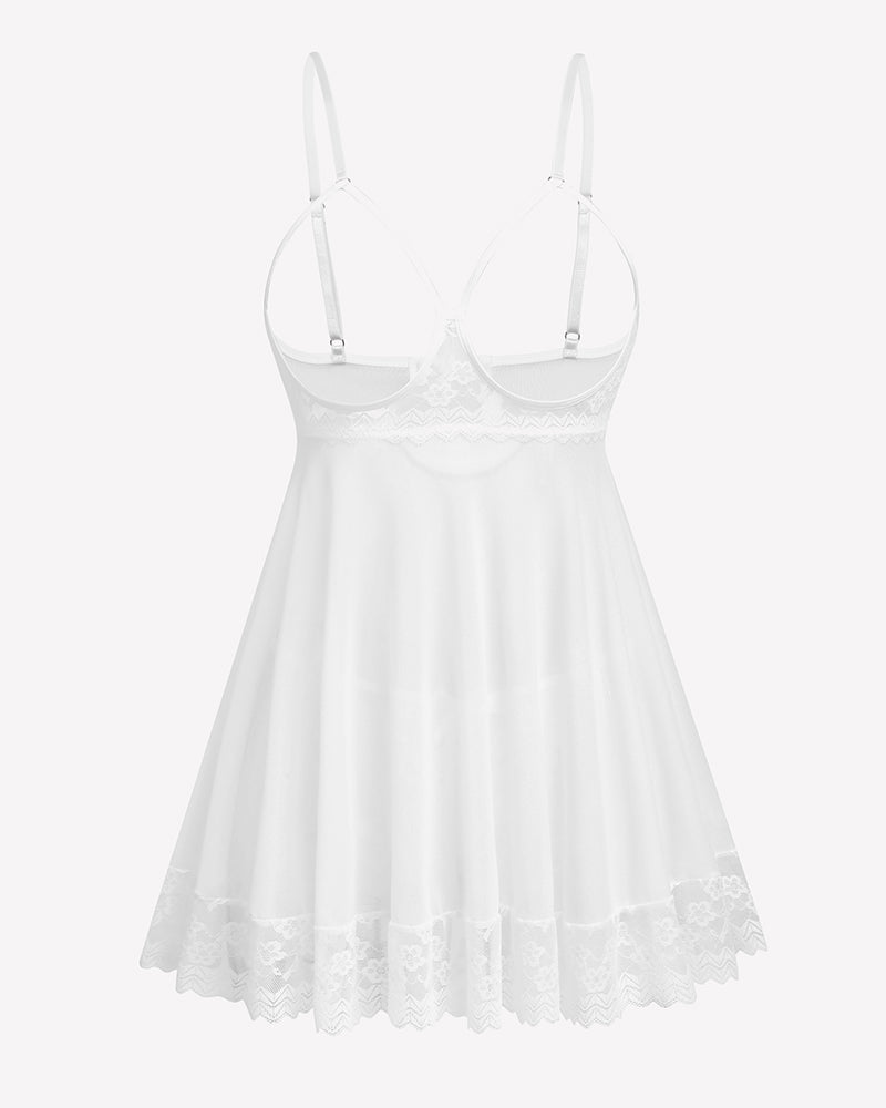 White lace babydoll chemise with adjustable straps and scalloped lace hem