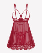 Dark red lace mesh babydoll nightdress with lace cups and scalloped hem