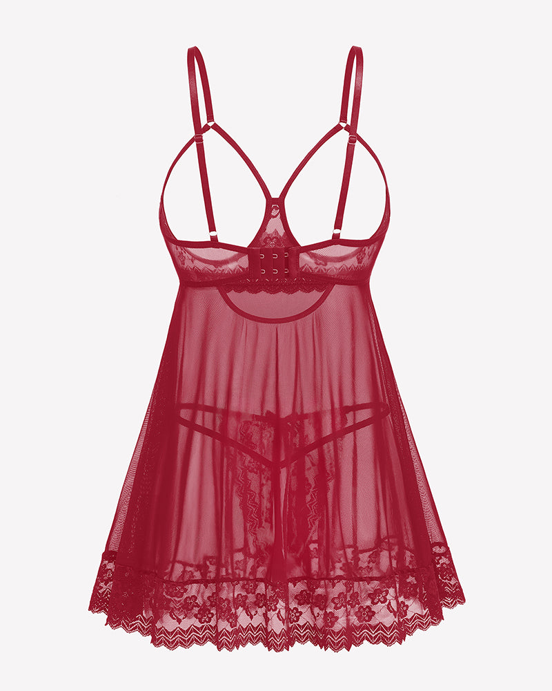 Dark red lace mesh babydoll nightdress with lace cups and scalloped hem