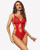 Red lace V-neck mini bodysuit with scalloped cups and heart waist detail