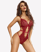 V-neck lace mini bodysuit in dark red with plunge cups and sheer back cutouts