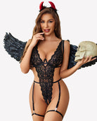Black lace bodysuit with deep V neckline, lace thong back, and garter straps