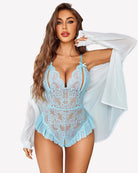 Light blue lace backless bodysuit with underwire cups and ruffled peplum hem