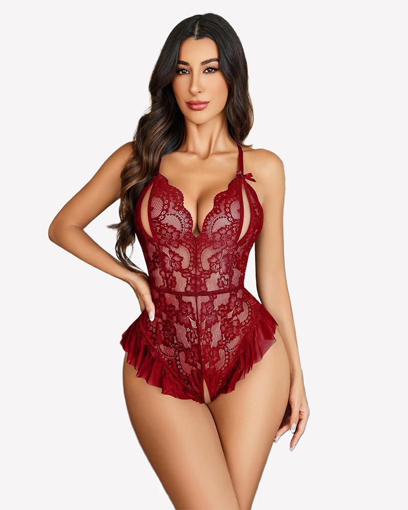 Burgundy lace bodysuit with deep V neckline and ruffled sheer hem