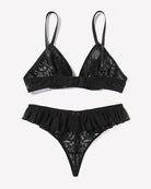 Black mesh lace bra and thong panty set with ruffle trim, set view
