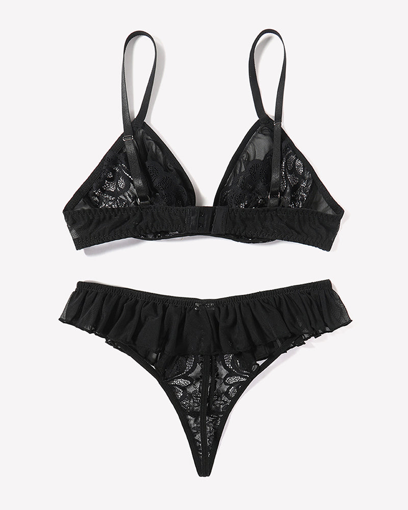 Black mesh lace bra and thong panty set with ruffle trim, set view