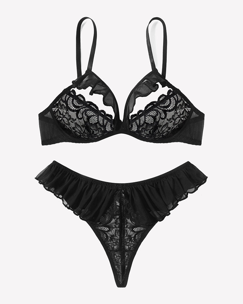 Black mesh lace bra and thong panty set with ruffle trim, flat lay