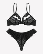 Black mesh lace bra and thong panty set with ruffle trim, flat lay