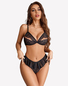 Black mesh lace bra and thong panty set with ruffle trim, front view
