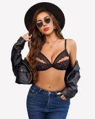 Black mesh lace bra and thong panty set with ruffle trim, side view