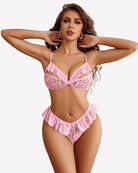 Pink lace mesh bra and panty set with ruffle trim, V-neck and matching thong-style bottoms