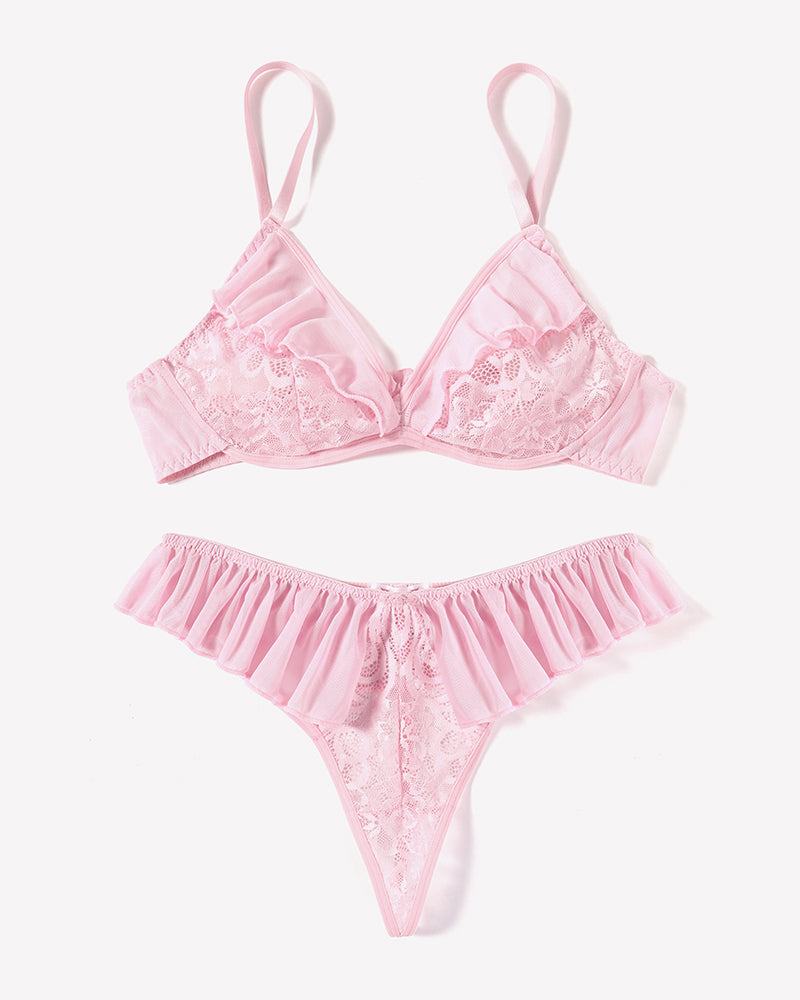 Pink lace mesh bra and thong set with ruffle trim; matching triangle cups and cheeky bottoms