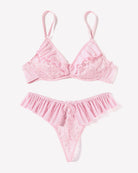 Pink lace mesh bra and thong set with ruffle trim; matching triangle cups and cheeky bottoms