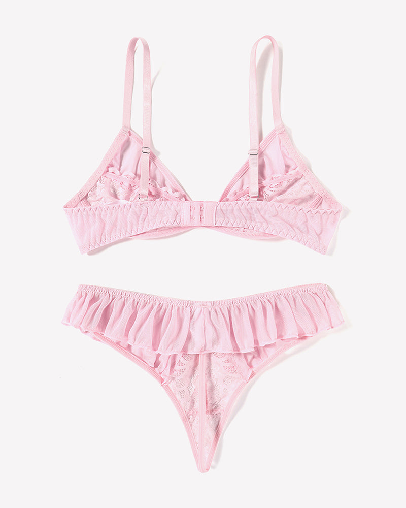 Pink lace mesh lingerie set: triangle bra with ruffle bust trim and high-cut ruffle panty