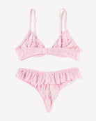 Pink lace mesh lingerie set: triangle bra with ruffle bust trim and high-cut ruffle panty