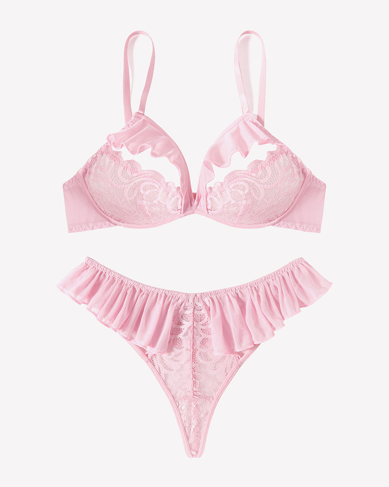 Pink lace mesh bra and panty set with ruffle edging; triangle cups and high-cut thong