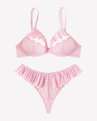 Pink lace mesh bra and panty set with ruffle edging; triangle cups and high-cut thong