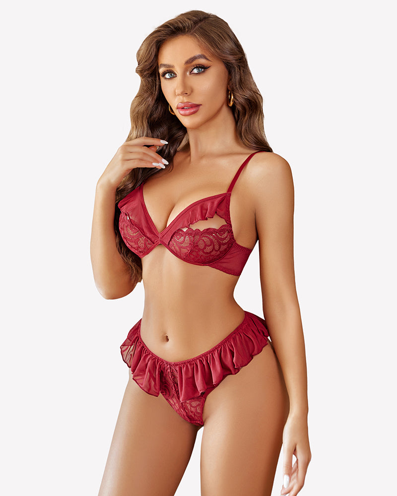 Wine red lace mesh bra and thong set with ruffle trim; triangle bra with thin straps