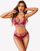 Red lace 2-piece bra and panty set with scalloped trim, underwire cups