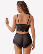 Back view of black lace bralette with sheer mesh panty and kimono robe