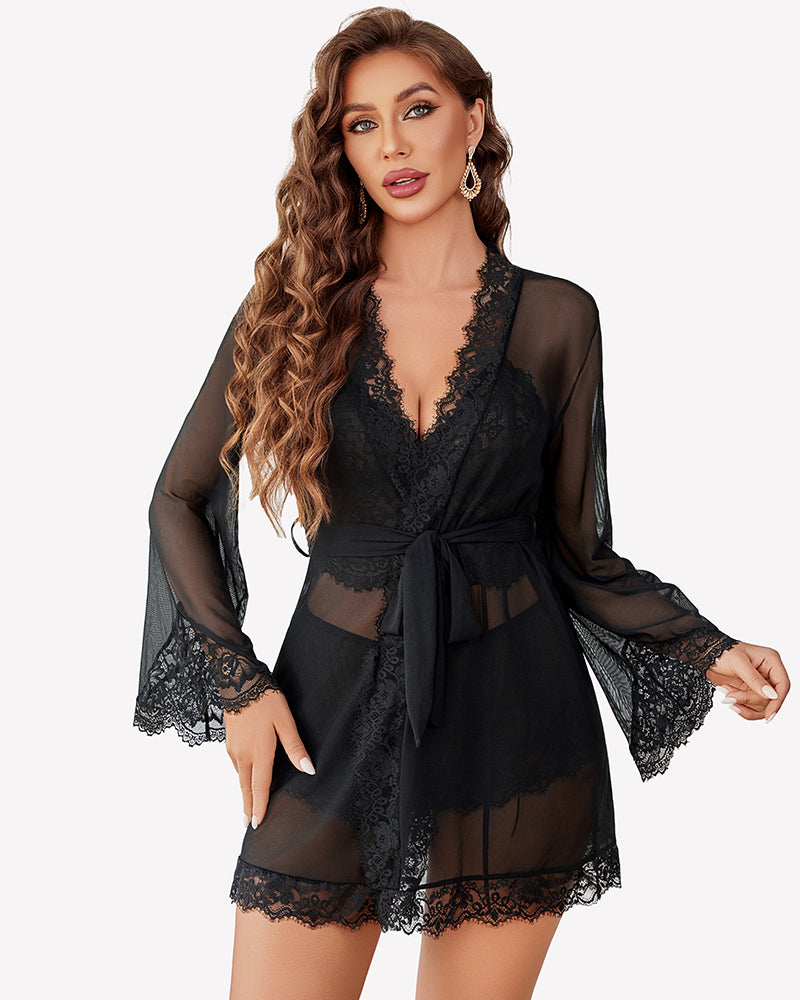 Black lace bralette with matching lace panty and sheer mesh kimono robe
