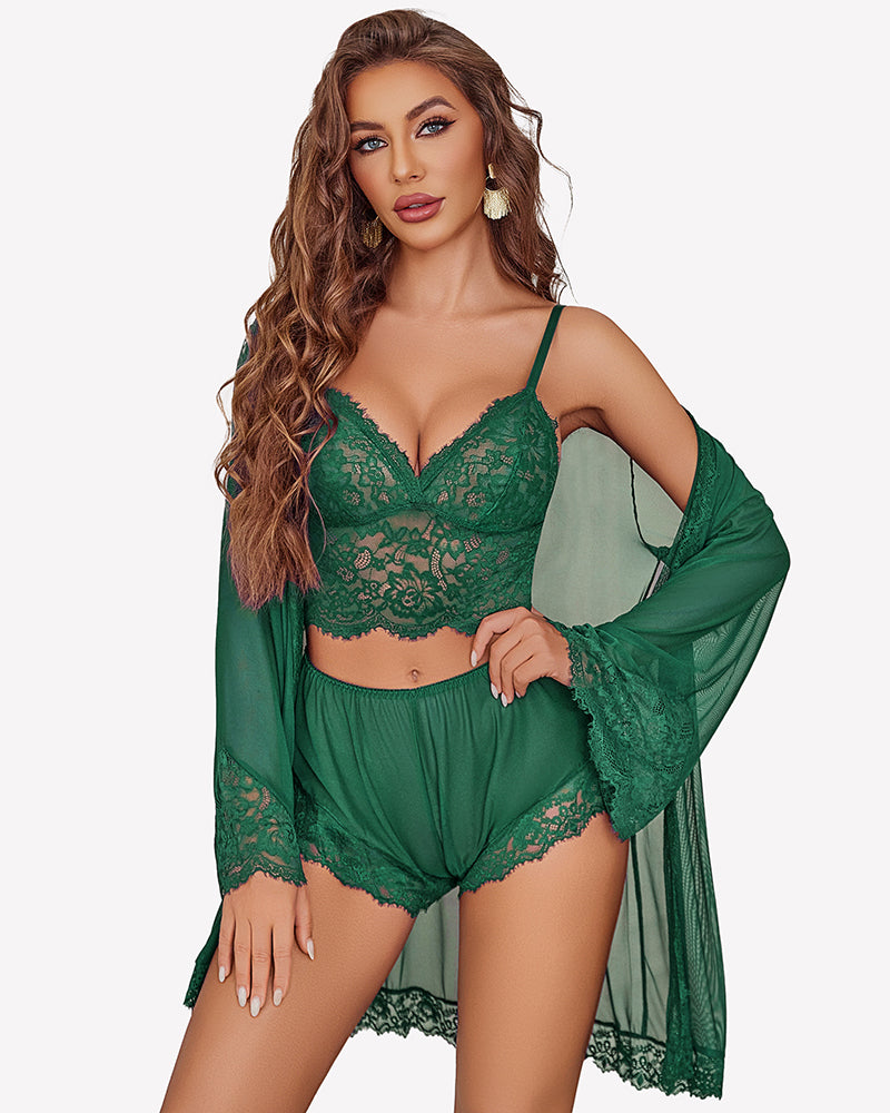 Green lace bralette and panty set with sheer kimono robe