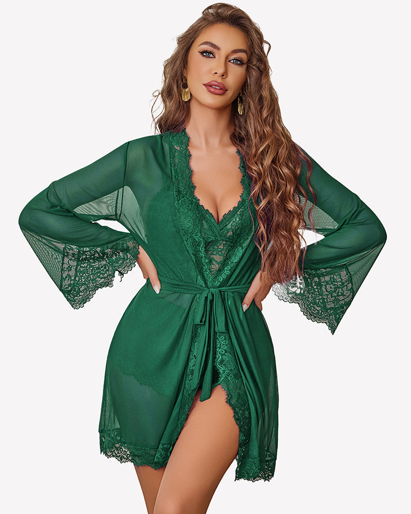 Green lace kimono robe with matching lace bralette and shorts
