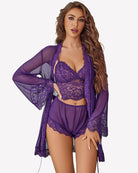 Purple lace bralette and panty set with sheer robe and wide sleeves