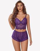 Purple lace bralette and panty set with sheer, gathered shorts
