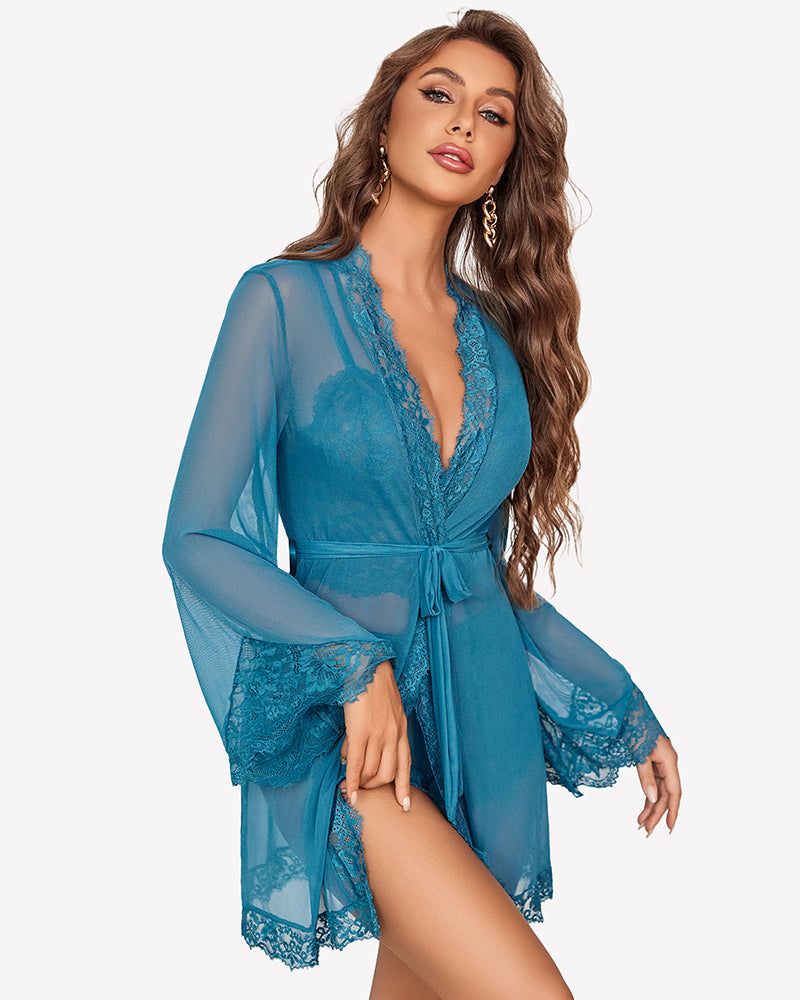 Teal lace bralette and sheer mesh kimono robe with matching panty