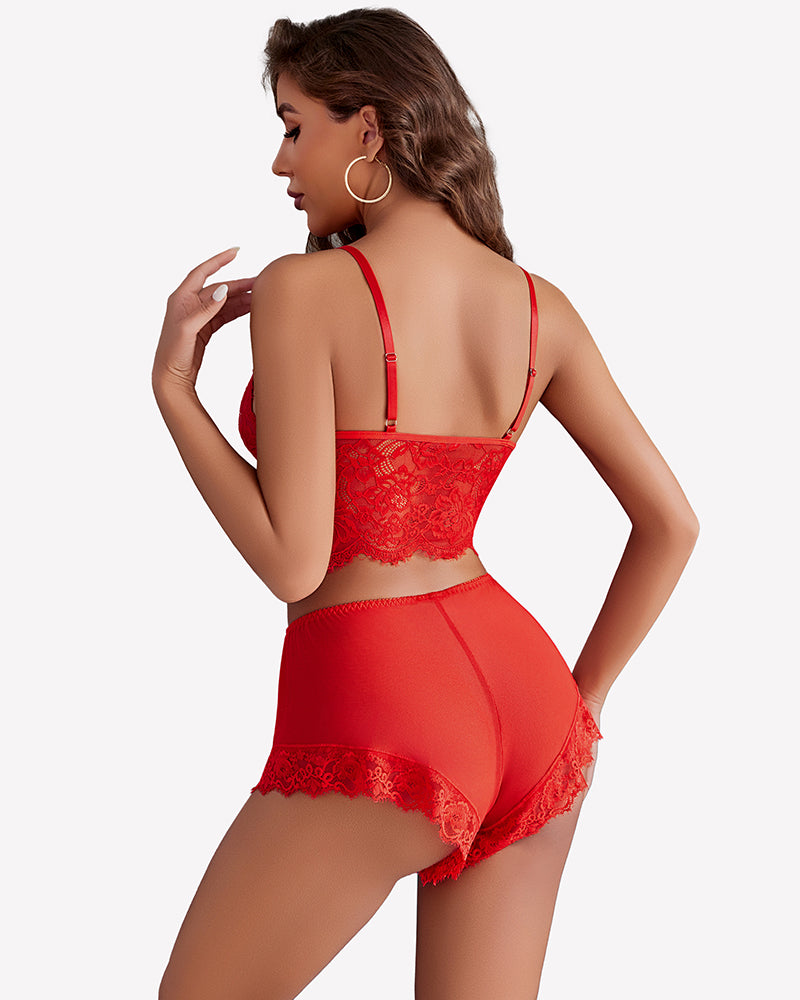 Back view of red lace bralette and lace panty with sheer mesh kimono robe