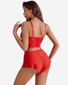 Back view of red lace bralette and lace panty with sheer mesh kimono robe