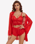 Red lace bralette with matching lace panty and mesh kimono robe, long sleeves