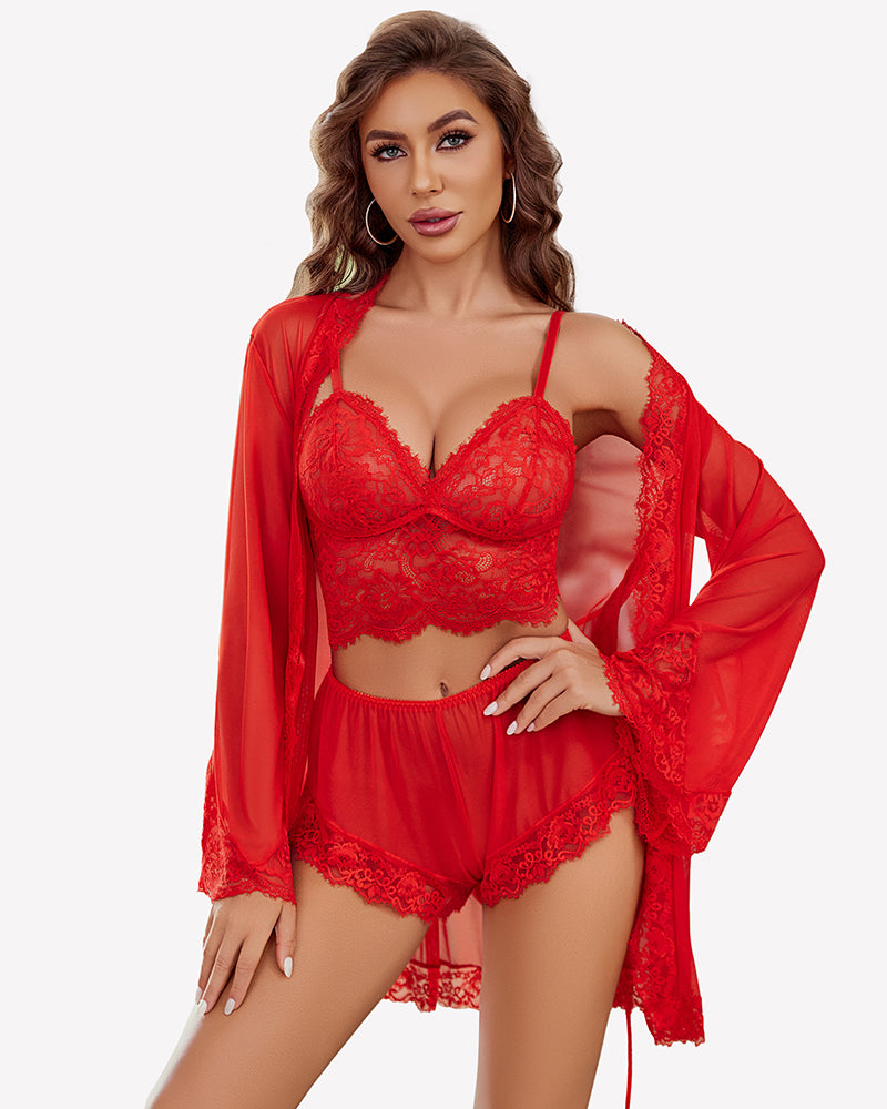 Red lace bralette with matching lace panty and mesh kimono robe, long sleeves