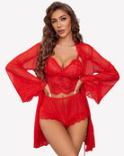 Red lace bralette and lace panty set with draped mesh kimono robe