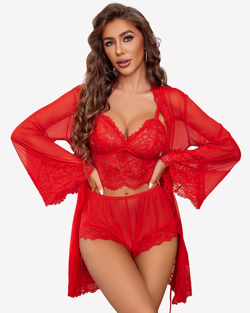Red lace bralette and lace panty set with draped mesh kimono robe