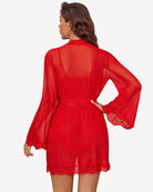 Back view of red lace bralette, lace panty, and tied mesh kimono robe