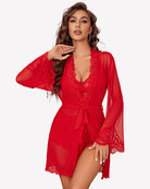Red sheer mesh kimono robe over lace bralette and high-rise lace panty