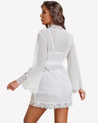 White sheer mesh kimono robe with lace trim, back view