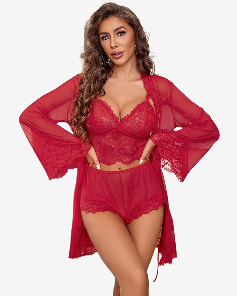 Red lace bralette and panty set with sheer mesh kimono robe