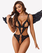 Black lace deep V teddy bodysuit with scalloped trim and bow accents