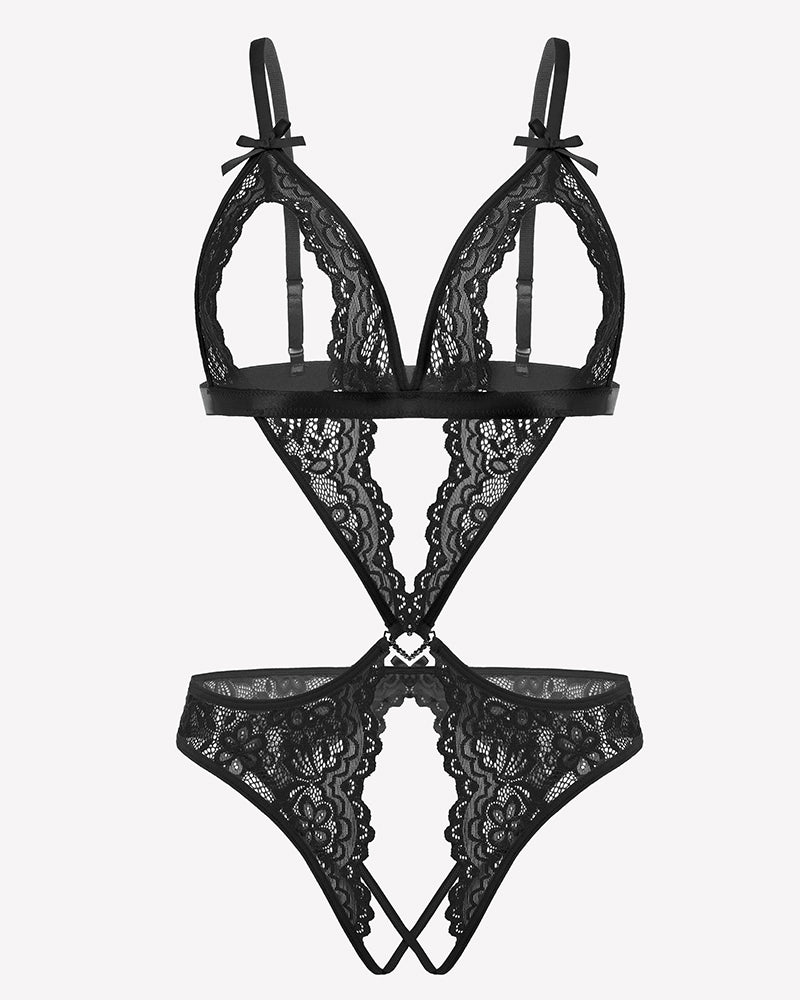 Black lace deep V teddy bodysuit with underwire cups and adjustable straps