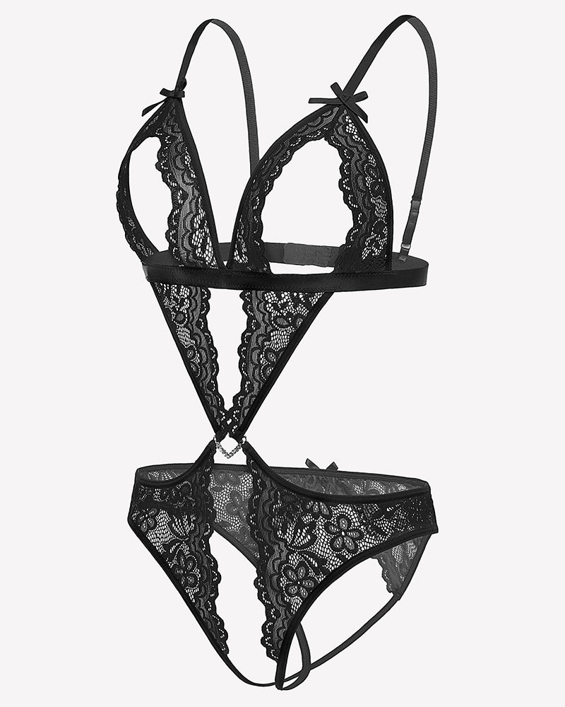 Black lace deep V teddy bodysuit with underwire cups and thong-style bottom