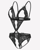 Black lace deep V teddy bodysuit with underwire cups and thong-style bottom
