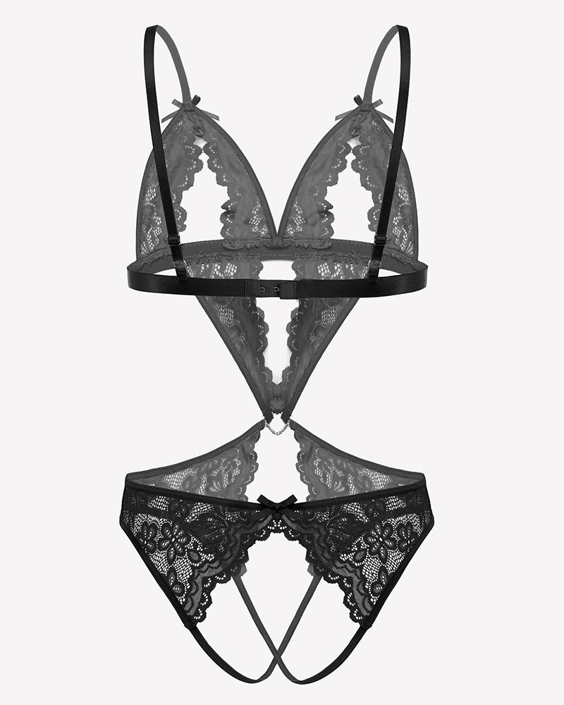 Black lace deep V teddy bodysuit with crisscross back and thong-style bottom