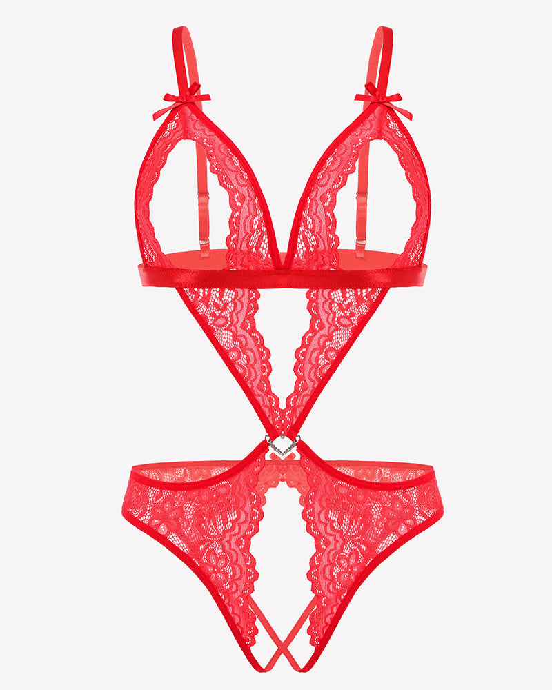 Red lace deep V teddy bodysuit with underwire cups and adjustable straps