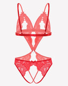 Coral red lace deep V teddy bodysuit with underwire cups and adjustable straps