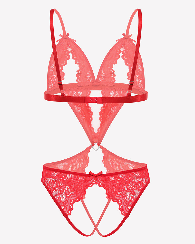 Coral red lace deep V teddy bodysuit with underwire cups and adjustable straps