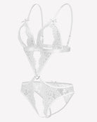 White lace deep V teddy bodysuit with underwire cups and adjustable straps