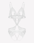 White lace deep V teddy bodysuit with adjustable straps and floral trim